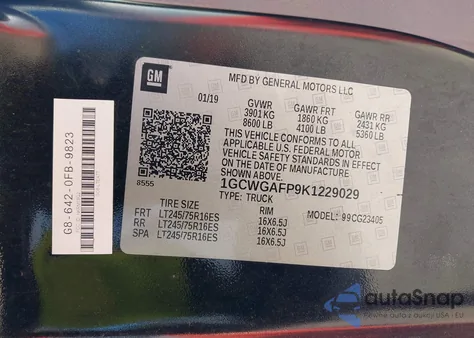 2019 Chevrolet Express 2500 Work Van из США, поврежденный, VIN 1GCWGAFP9K1229029